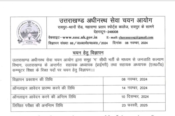 UKSSSC: शिक्षकों के पदों पर भर्ती का विज्ञापन जारी