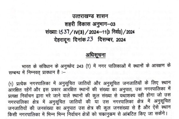 निकायों में आरक्षण की फाइनल अधिसूचना जारी