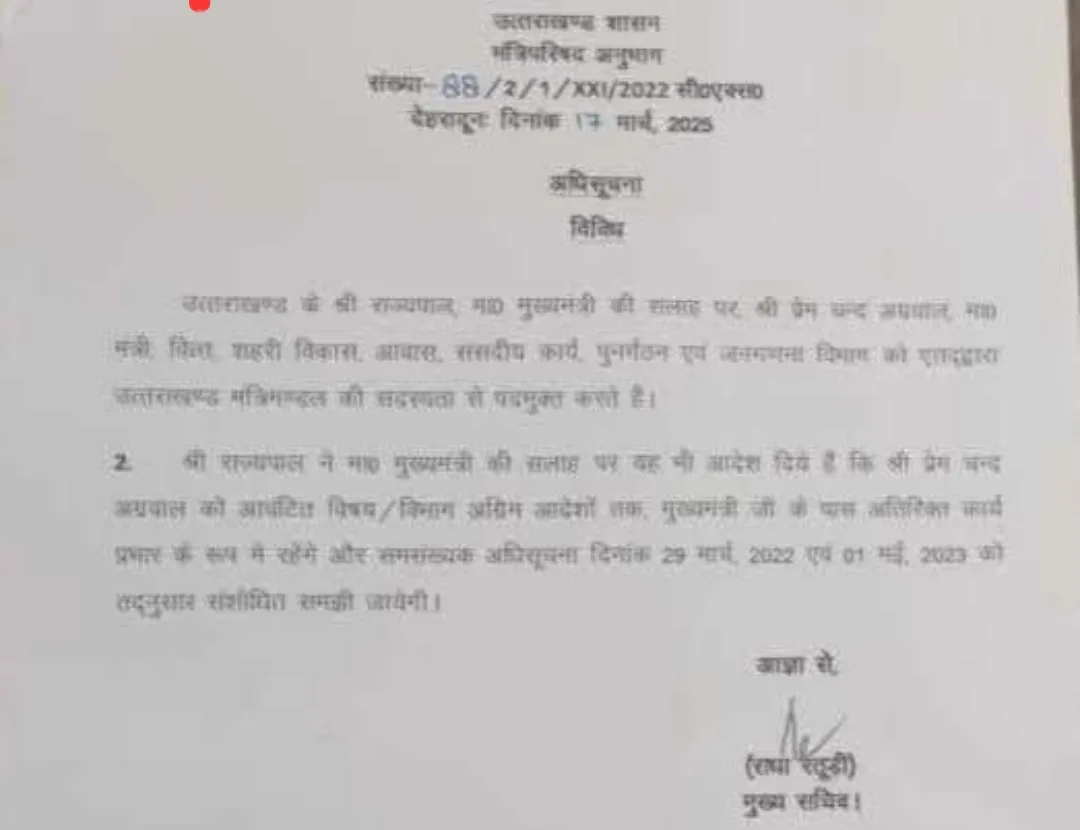 कैबिनेट मंत्री प्रेमचंद अग्रवाल का इस्तीफा स्वीकार