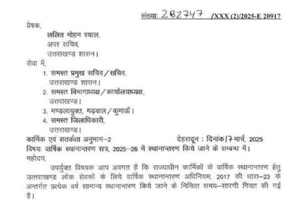 राज्य कर्मचारियों के वार्षिक स्थानांतरण को लेकर दिशा-निर्देश जारी राज्य कर्मचारियों के वार्षिक स्थानांतरण को लेकर दिशा-निर्देश जारी