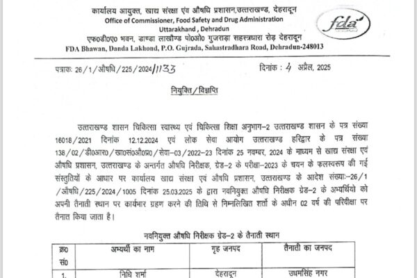 उत्तराखण्ड ड्रग विभाग में हुई 18 नए औषधि निरीक्षकों की नियुक्ति, तैनाती आदेश जारी उत्तराखण्ड ड्रग विभाग में हुई 18 नए औषधि निरीक्षकों की नियुक्ति, तैनाती आदेश जारी
