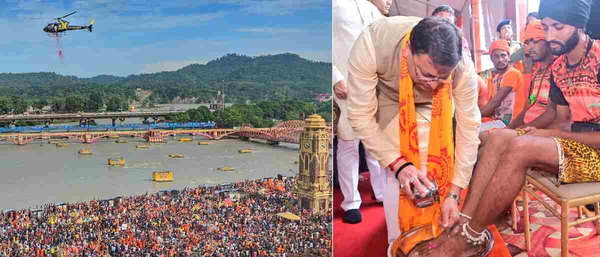 मुख्यमंत्री धामी ने कावंड़ियों के चरण धोए, शिवभक्तों पर हैलीकाॅप्टर से पुष्प वर्षा