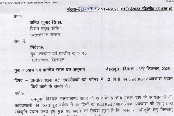 पीआरडी स्वयंसेवकों को मिलेगा 12 दिन का मानदेय सहित अवकाश