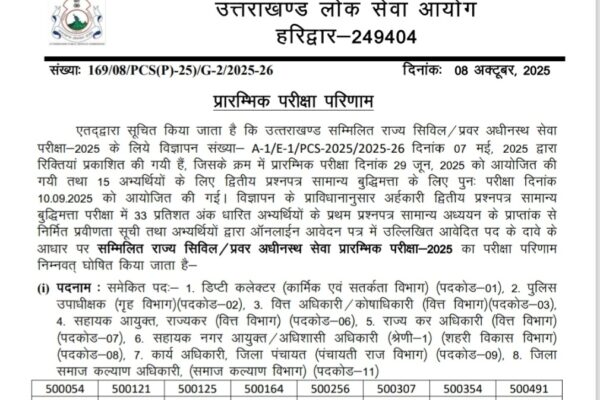 उत्तराखंड PCS प्री का रिजल्ट घोषित