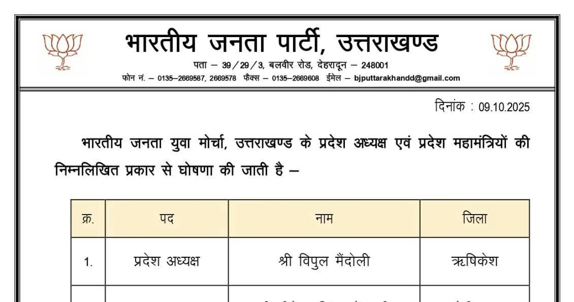 विपुल मैंदोली बने भाजपा युवा मोर्चा के प्रदेश अध्यक्ष