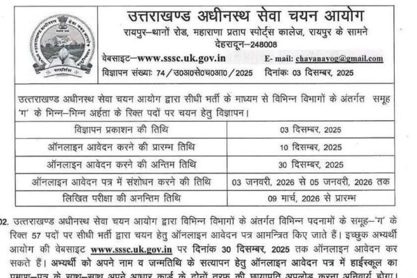 UKSSSC ने 57 पदों पर भर्ती के लिए निकाला विज्ञापन
