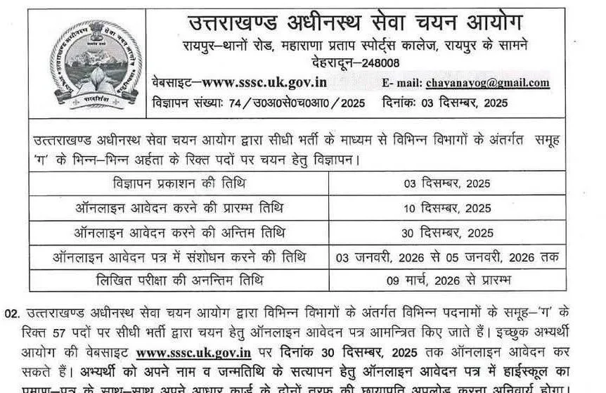 UKSSSC ने 57 पदों पर भर्ती के लिए निकाला विज्ञापन