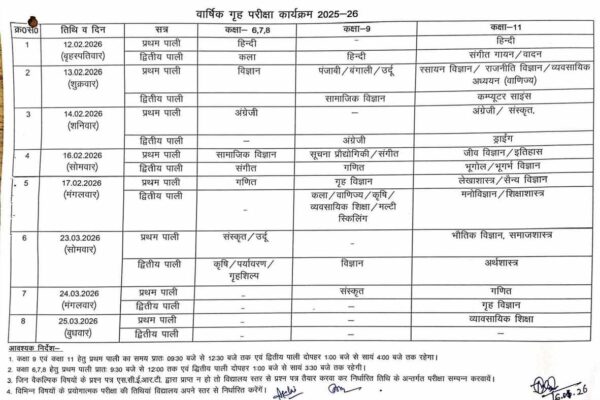 माध्यमिक विद्यालयों में वार्षिक गृह परीक्षा-2026 का कार्यक्रम जारी