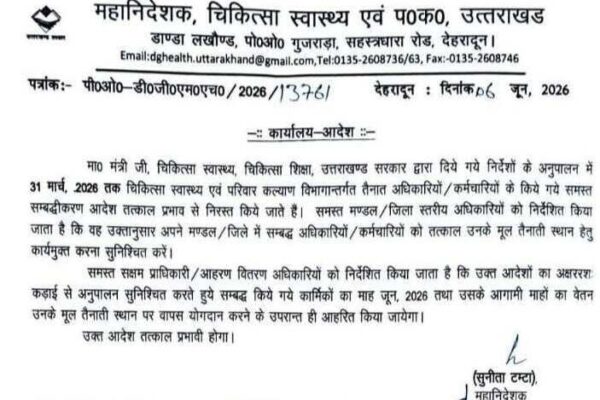 स्वास्थ्य विभाग में सभी अटैचमेंट समाप्त, मूल तैनती स्थल पर लौटने के आदेश