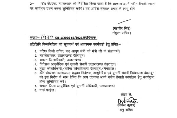 आयुष विभाग में डॉक्टरों के ट्रांसफर, देखें आदेश