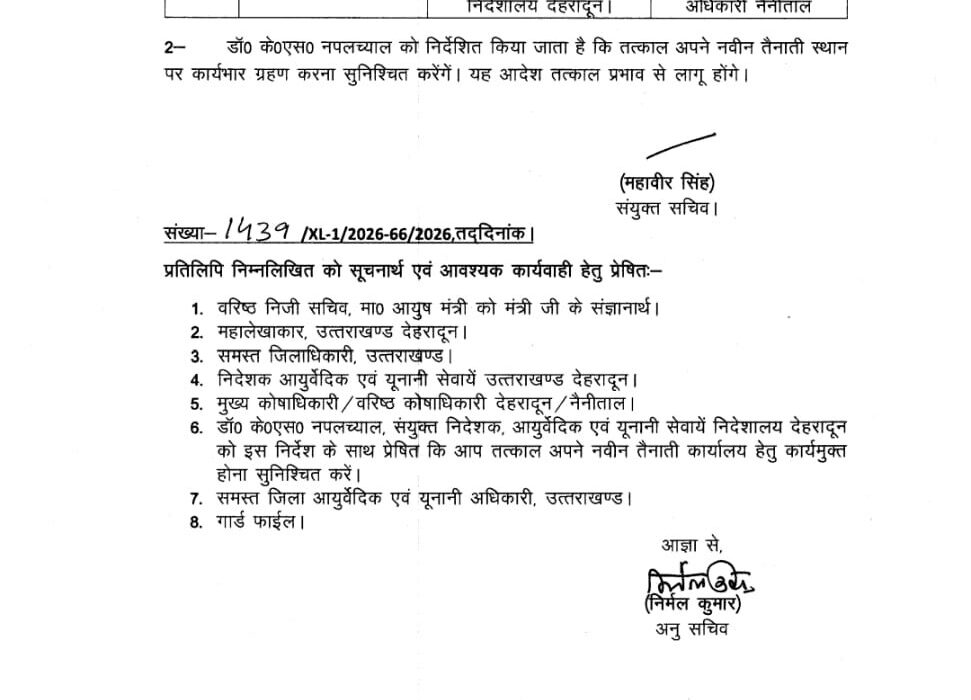 आयुष विभाग में डॉक्टरों के ट्रांसफर, देखें आदेश